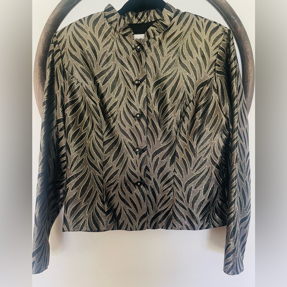 dressbarn Black Top with Gold Metallic Leaf Motif